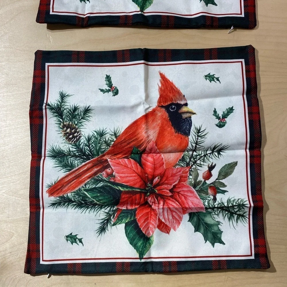 Set of 2 Festive Cardinal Holiday Pillow Covers 17” x 17” - Red and Green (MV)